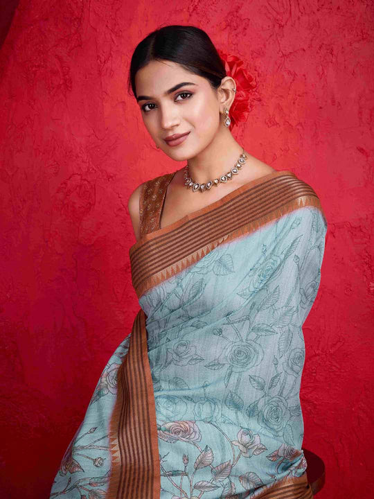 Teal Pure Tussar Viscose Border Paisley Digital Printed  With Blouse Piece