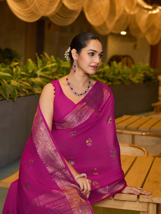 Pink Chinon Soft Silk Saree With Blouse Piece