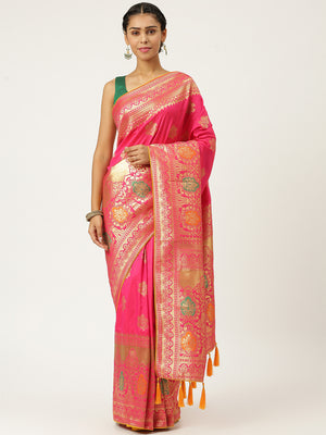 Rani Pink Woven Designer Banarasi Saree With Embroidered Silk Blouse