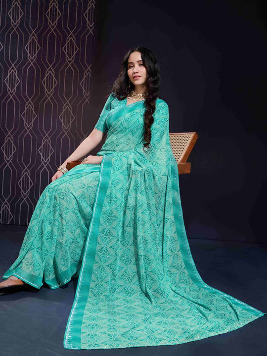 Turquoise Green Georgette Swarovski Stone Embellished Printed Saree With Blouse Piece