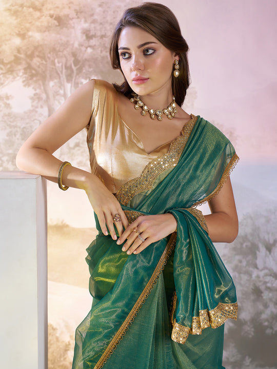 Sea Green Twill Net Solid Saree With Blouse Piece