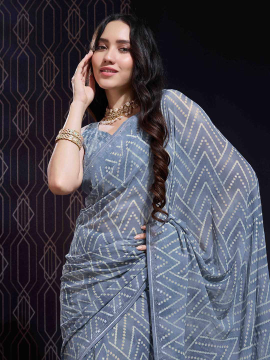 Grey Georgette Swarovski Stone Embellished Printed Saree With Blouse Piece