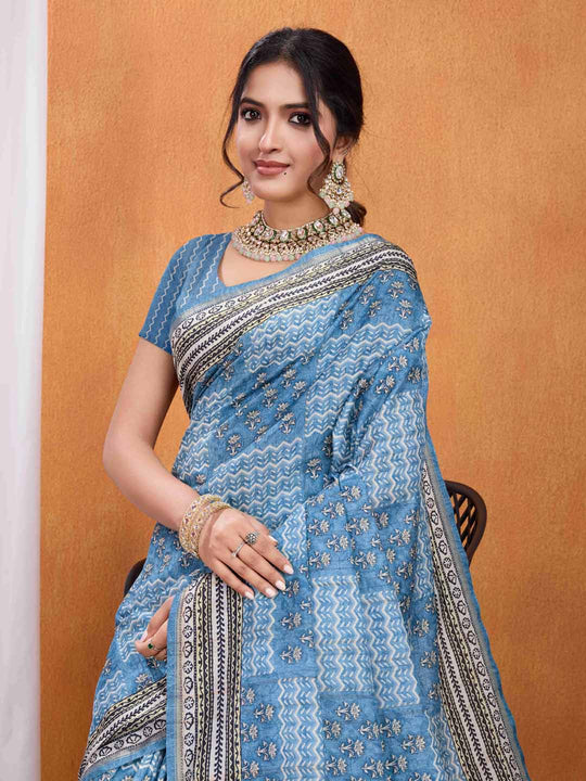 Blue Pure Tussar Silk Ajrakh Block Printed With Blouse Piece