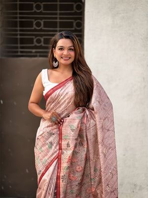 Light Brown Digital Printed Silk Saree With Blouse Piece