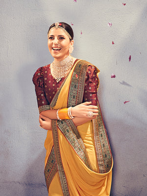 Yellow Georgette Ready To Wear Saree With Blouse Piece