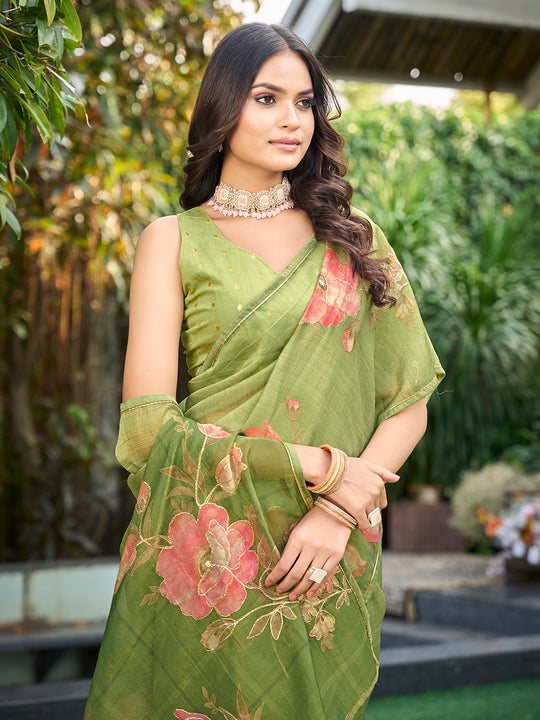 Green Tissue Festive Wear Saree With Blouse Piece