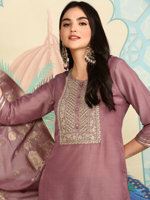 Floral Embroidered Sequinned Straight Kurta With Trousers & Dupatta