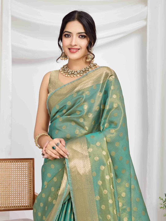 Seagreen Pure Tissue Silk Banarasi Saree With Brocade Blouse Piece