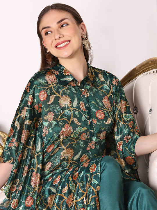 Green Floral Printed Asymmetric Kimono Sleeve Kaftan Kurta with Trousers