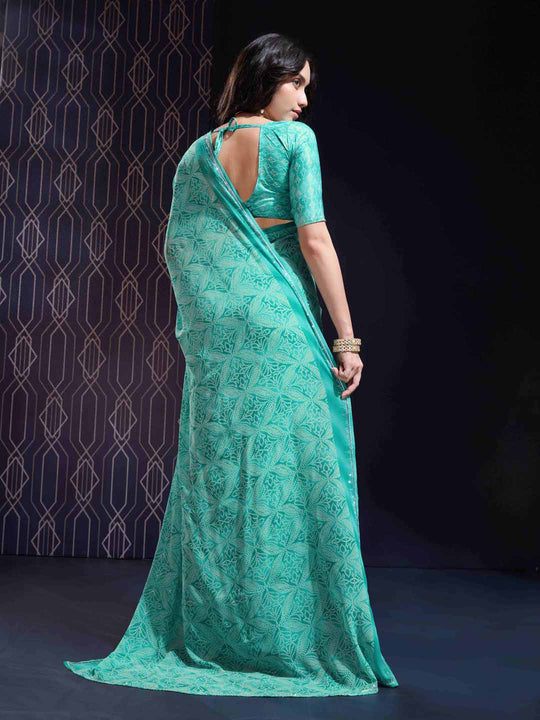 Turquoise Green Georgette Swarovski Stone Embellished Printed Saree With Blouse Piece