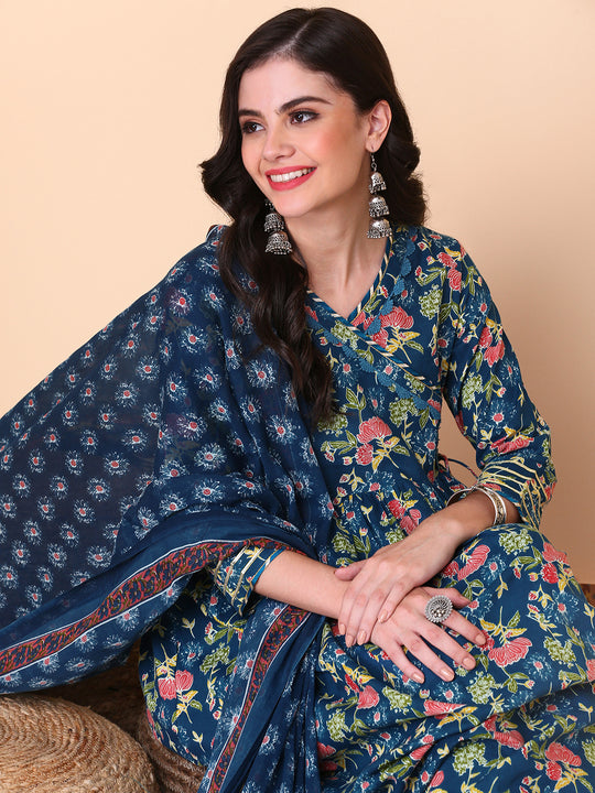 Floral Printed V-Neck Three-Quarter Sleeves Pure Cotton Kurta Set