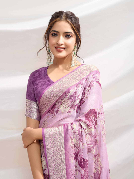 Pink Silk Chiffon Viscose Border Floral Printed Saree Saree With Blouse Piece
