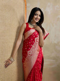 Red Pure Satin Banarasi Saree With Tassels Saree With Blouse Piece