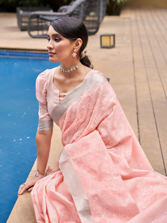 Peach Pure Linen Blend Saree With Blouse Piece