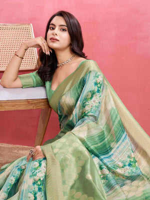 Turquoise Green Cotton Banarasi Woven Rich Pallu Printed Saree With Blouse Piece