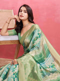 Turquoise Green Cotton Banarasi Woven Rich Pallu Printed Saree With Blouse Piece