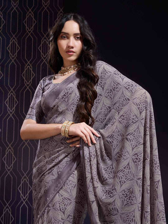 Purple Georgette Swarovski Stone Embellished Printed Saree With Blouse Piece