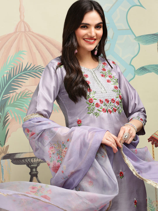 Floral Embroidered Thread Work Silk Chiffon Straight Kurta with Trousers & Dupatta