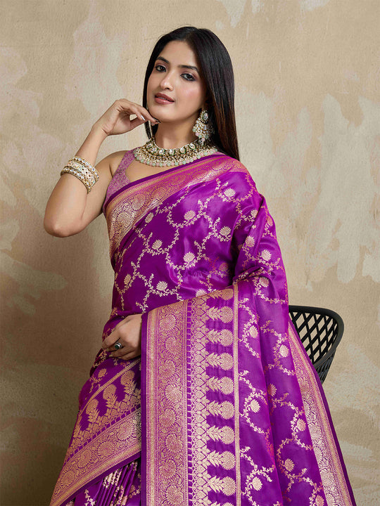 Voilet Pure Satin Banarasi Saree With Tassels Saree With Blouse Piece