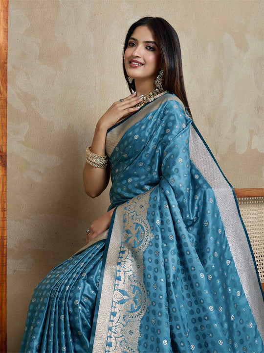 Blue Pure Satin Banarasi Saree With Tassels Saree With Blouse Piece