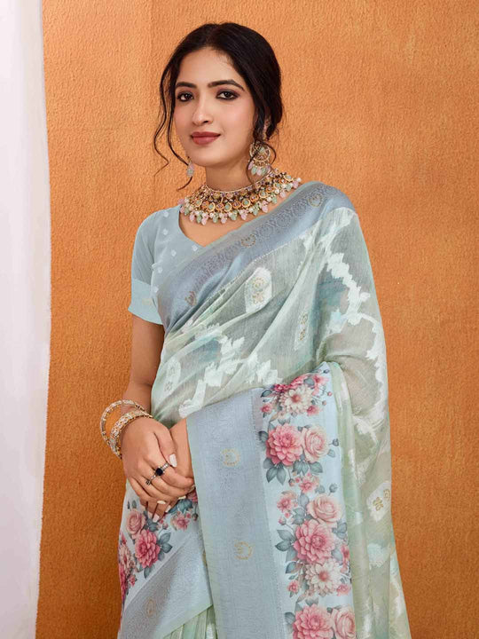 Seagreen Pure Cotton Lucknowi Woven Banarasi Saree With Ombre Floral Prints