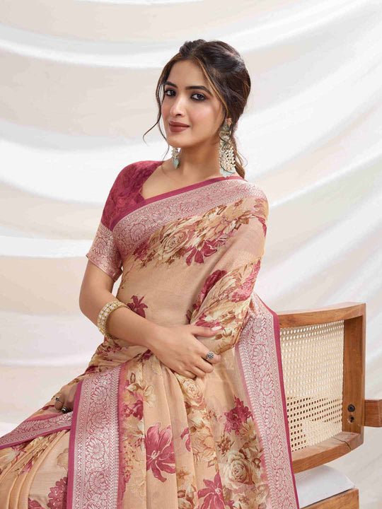 Peach Silk Chiffon Viscose Border Floral Printed Saree Saree With Blouse Piece