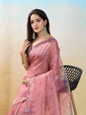 Peach Organza Zari Woven Printed Saree With Hand-Sequence Embellishment Saree With Blouse Piece