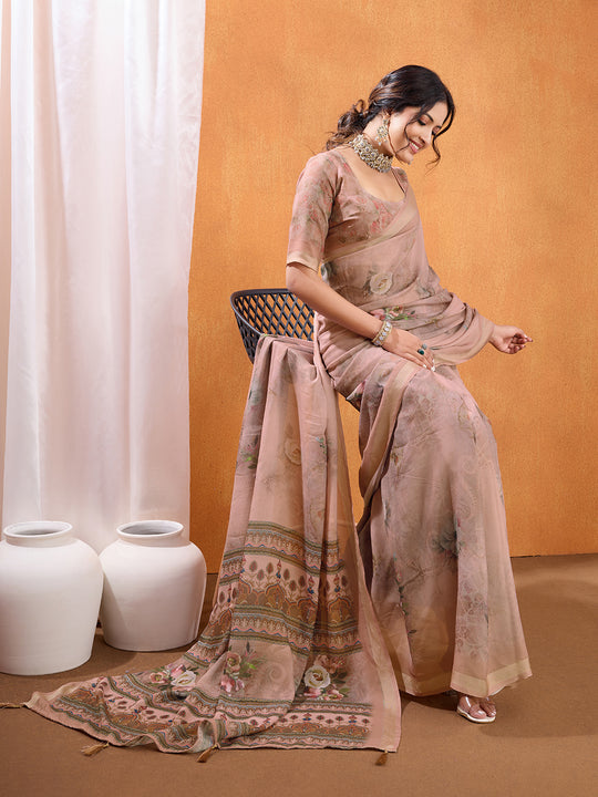 Peach Poly Crepe Party Wear Saree With Blouse Piece