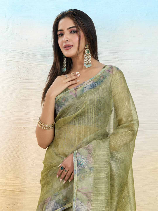 Olive-Green Organza Zari Woven Printed Saree With Hand-Sequence Embellishment Saree With Blouse Piece