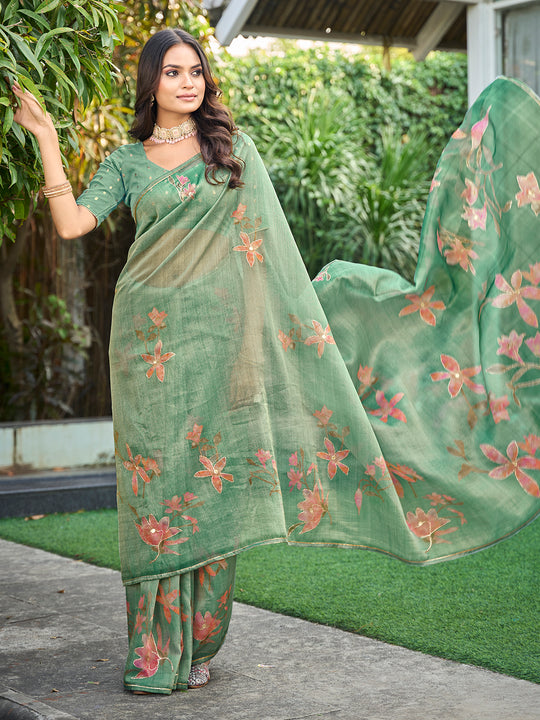 Teal Tissue Festive Wear Saree With Blouse Piece