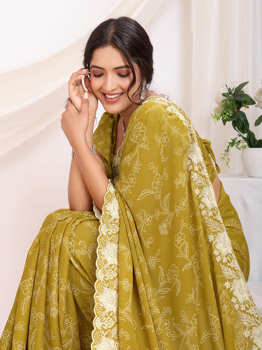 Yellow Poly Georgette Festive Wear Saree With Blouse Piece