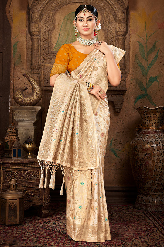 Cream Silk Saree With Blouse Piece