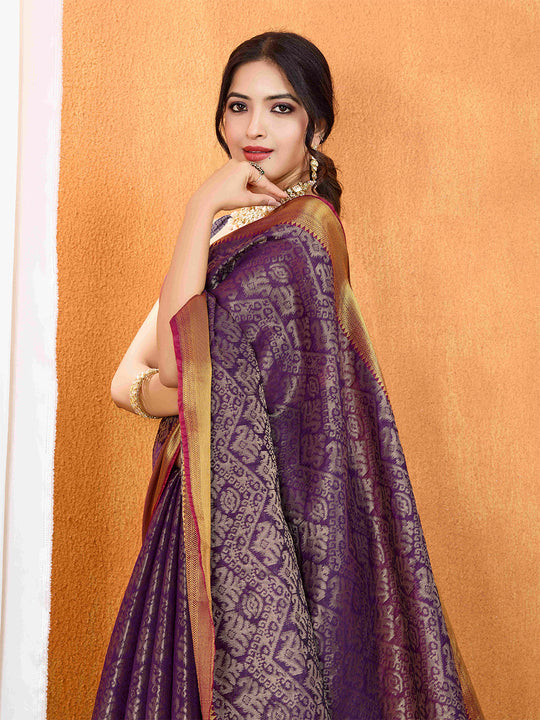 Wine Ikkat Woven Kajeevaram Silk Rich Pallu With Blouse Piece