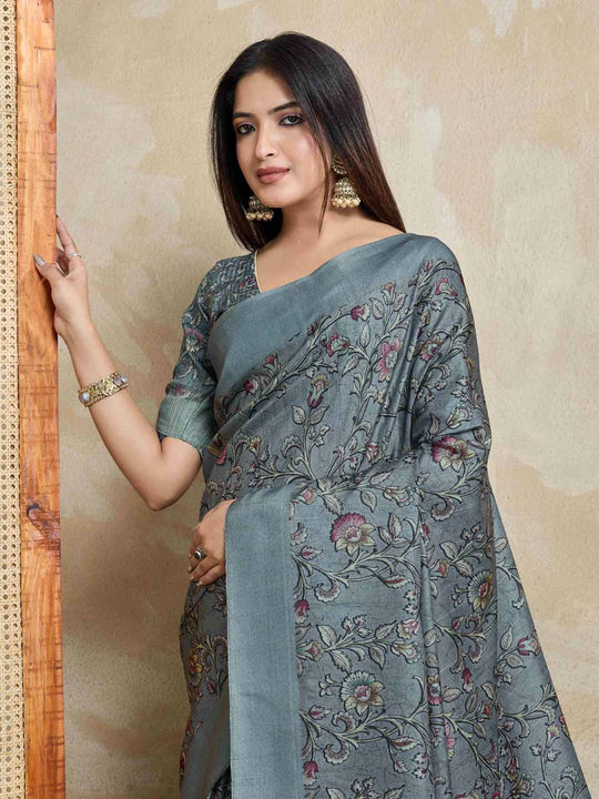 Grey Pure Handloom Tussar Woven Pallu Ajrakh Printed With Blouse Piece