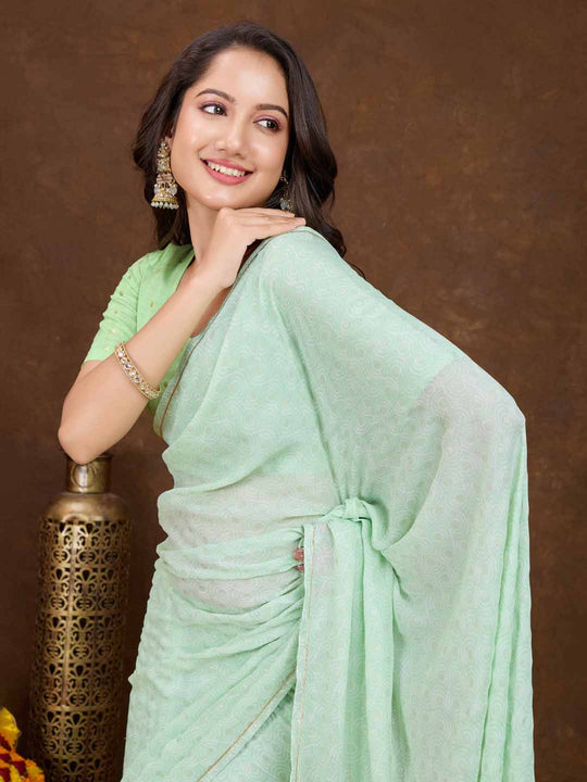 Mintgreen Crepe Georgette Gold Foil Embellished Printed Saree With Blouse Piece