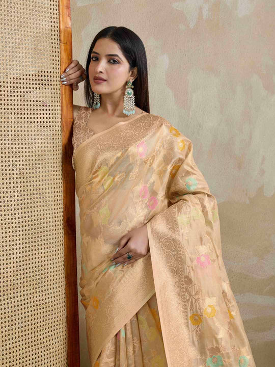 Beige Organza Banarasi Woven Rich Pallu With Blouse Piece