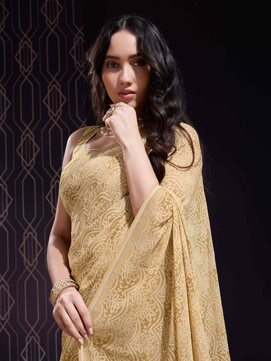 Yellow Georgette Swarovski Stone Embellished Printed Saree With Blouse Piece