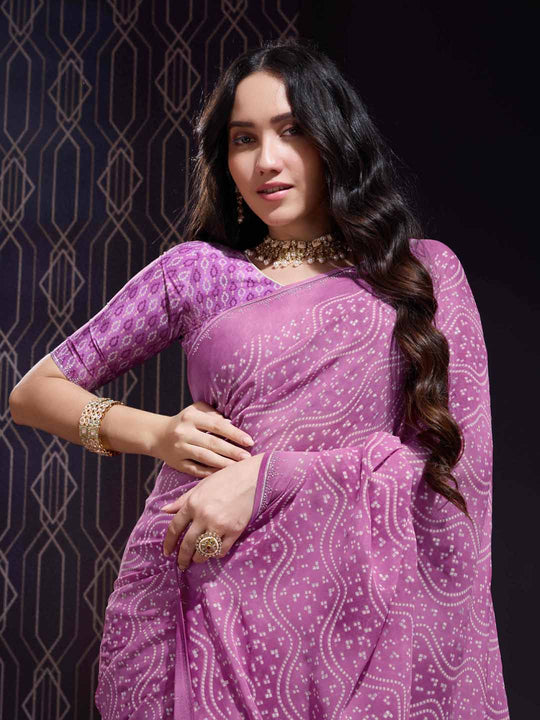 Pink Georgette Swarovski Stone Embellished Printed Saree With Blouse Piece