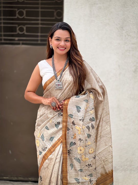Light Gold Digital Printed Silk Saree With Blouse Piece