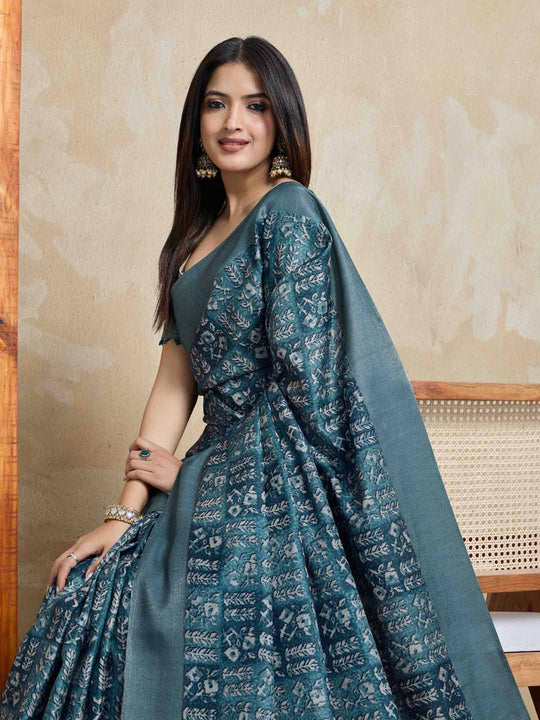 Blue Pure Handloom Tussar Woven Pallu Ajrakh Printed With Blouse Piece