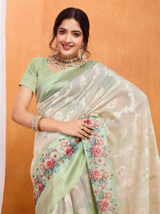 Mint Green Pure Cotton Lucknowi Woven Banarasi Saree With Ombre Floral Prints