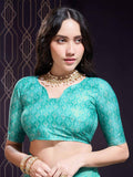 Turquoise Green Georgette Swarovski Stone Embellished Printed Saree With Blouse Piece