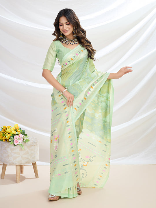 Pista Green Handloom Silk Festive Wear Saree With Blouse Piece