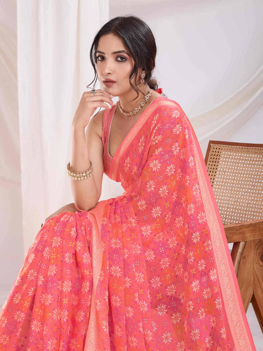 Coral Pink Pure Chiffon Viscose Border Block Printed Saree With Blouse Piece