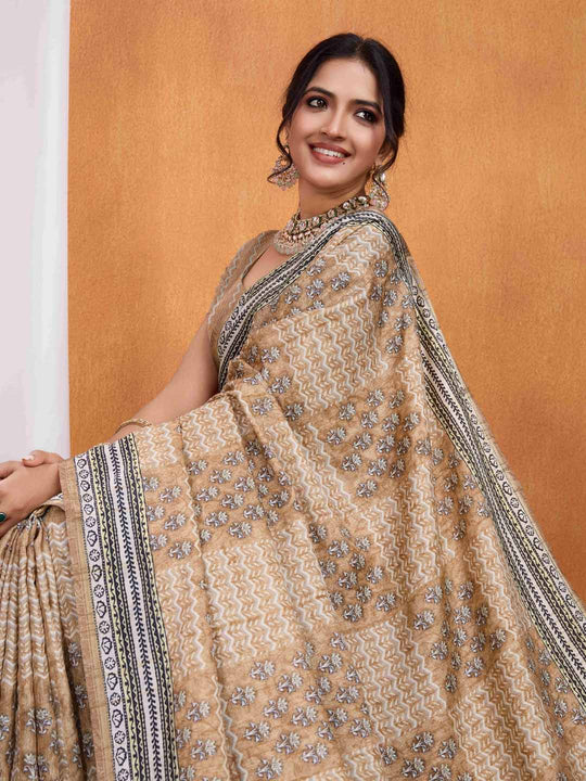 Beige Pure Tussar Silk Ajrakh Block Printed With Blouse Piece