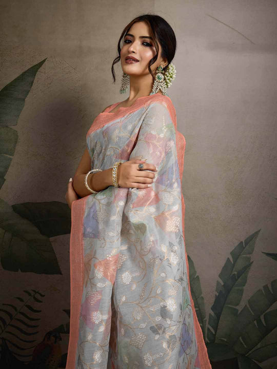 Grey Pure Cotton Double Zari Woven Banarasi Printed With Blouse Piece