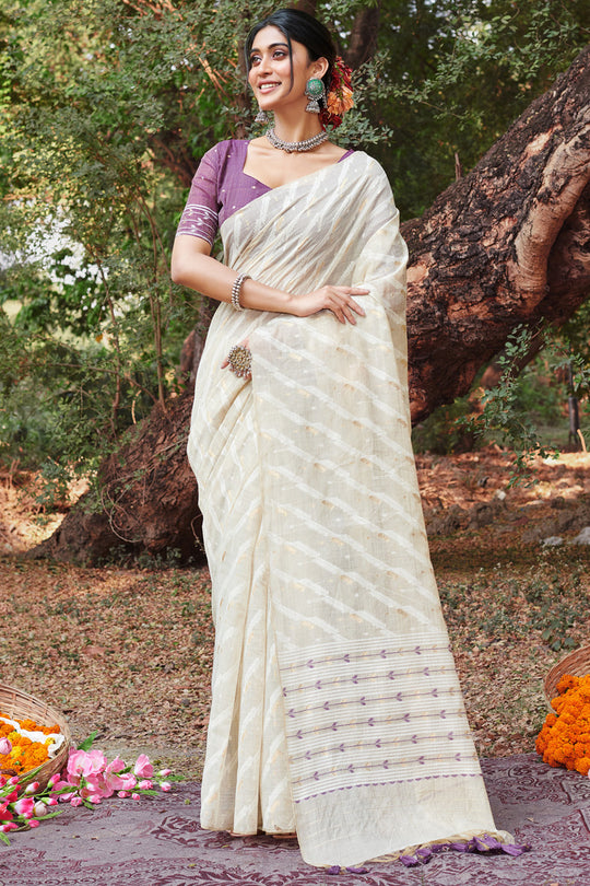White Cotton Saree With Blouse Piece