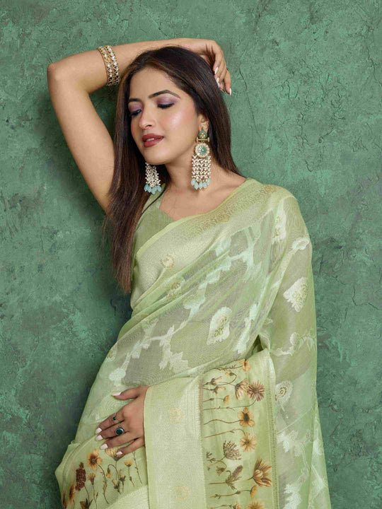 Mintgreen Pure Cotton Lucknowi Woven Printed Saree With Tassels Saree With Blouse Piece