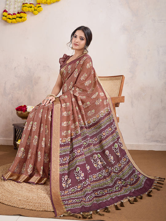Brown Poly Crepe Festive Wear Saree With Blouse Piece