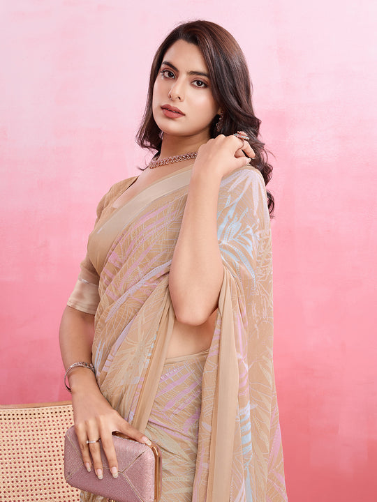 Peach Silk Georgette Festive Wear Saree With Blouse Piece